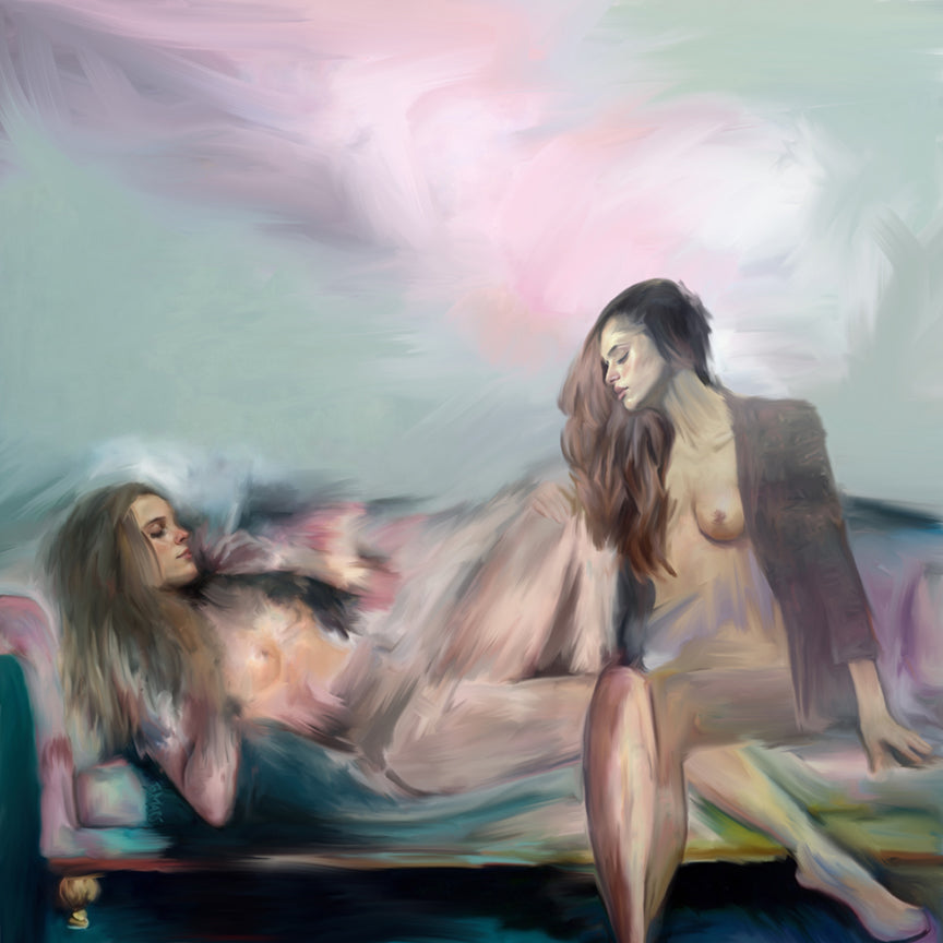 Two nude lesbian queer women sit on a couch together.