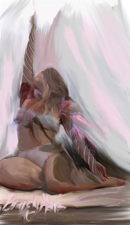 Woman reaches into sky. Flowers on her shoulder. Ethereal painting by Brandy Mars.