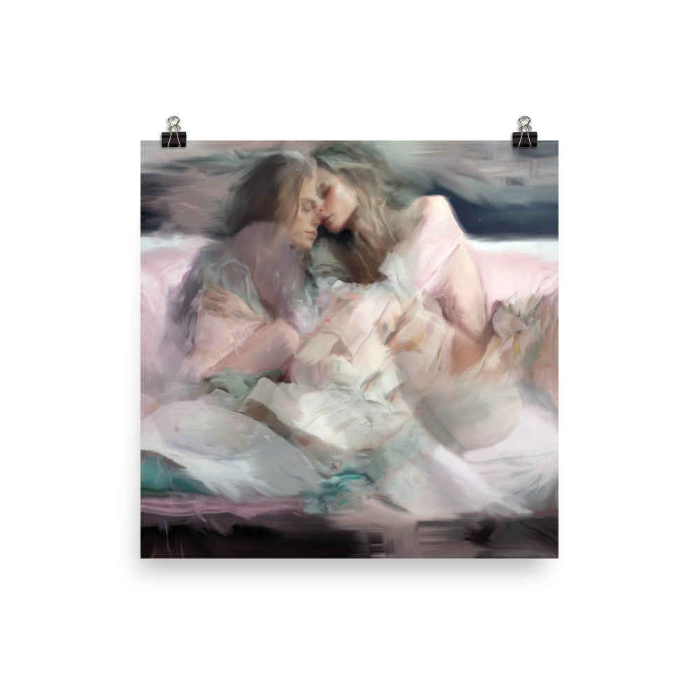 Two lesbian queer women lay in bed together. Canadian artist painter Brandy Mars.