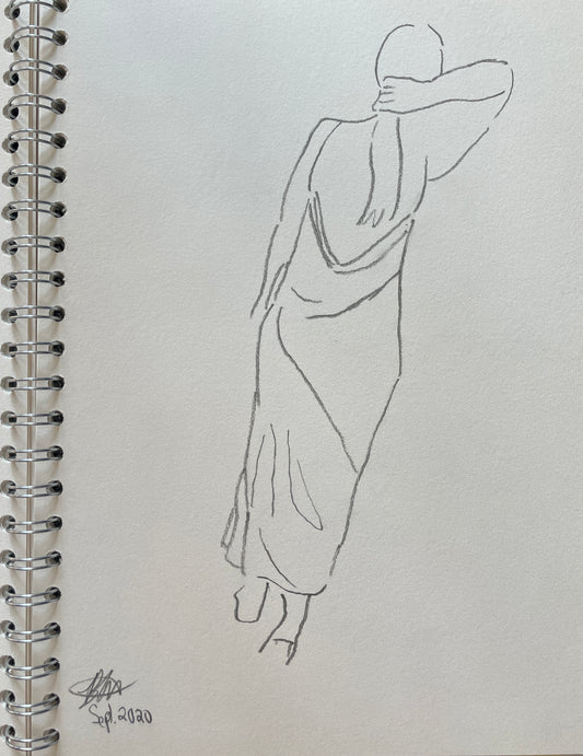 Original pencil sketch, woman holding hair