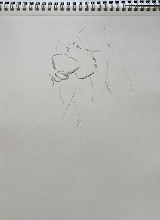 Orginal pencil drawing, woman drinking tea