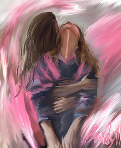 Brunette woman hugs blonde woman from behind. Lesbian queer painting by Brandy Mars. Warm emotive embrace. Blue And Pink Shirt. Canadian Artist.