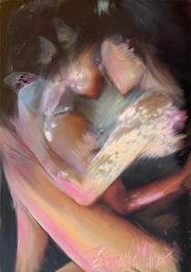 Lesbian Couple Hugging. Painting by Brandy Mars. Butterfly wings. Pink And Blue.