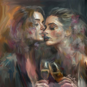 Two women stand close to each other holding champagne glasses. An intimate moment. They might kiss. Lesbian painting by Brandy Mars.