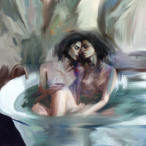 Brunette lesbian queer couple 2 women sit in a bathtub together relaxing. One woman holds a glass of red wine. One woman is topless. Bathtub shower faucet is gold. Water is blue. Painting by Brandy Mars. 