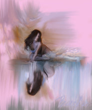 Woman lays on her side and peers into water. She sees her reflection. Pink Blue ethereal painting by Brandy Mars.