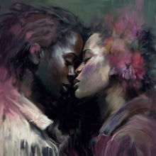 Two black lesbian queer women about to kiss. QPOC. Interracial couple. Flowers in hair. Collared shirts. Ethereal painting by Brandy Mars.