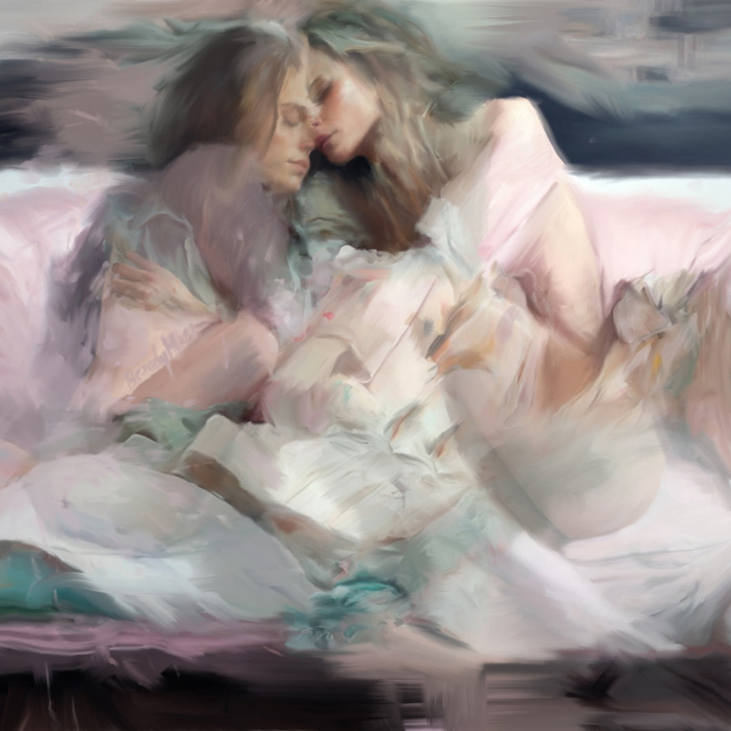 Two lesbian queer women lay in bed together. Canadian artist painter Brandy Mars. 