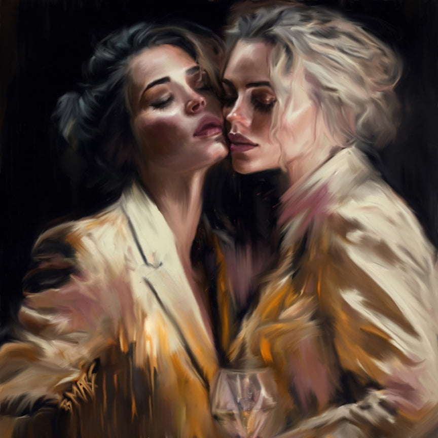 Two lesbian queer women drink rose pink wine together in gold suits