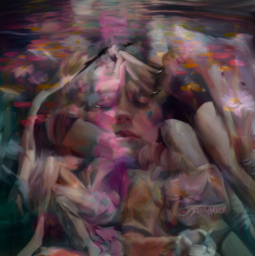 Woman surrounded by lesbian imagery. Lesbian couples. Dreamy ethereal painting by Brandy Mars. 
