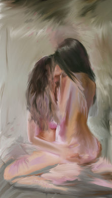 A woman straddles another woman sitting on her lap. Pink grey. Both women are brunette. Ethereal painting by Brandy Mars.