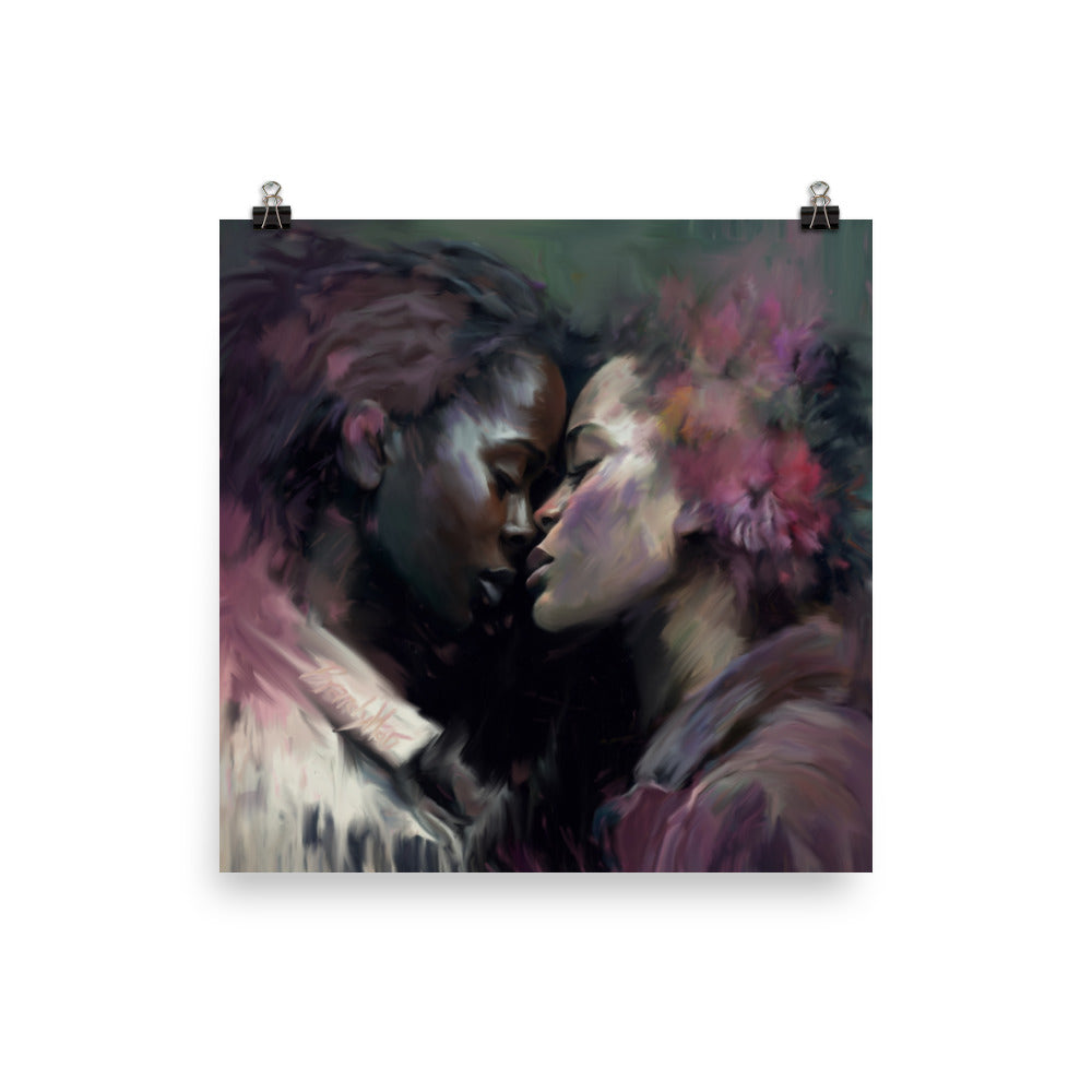 Two black lesbian queer women about to kiss. QPOC. Interracial couple. Flowers in hair. Collared shirts. Ethereal painting by Brandy Mars.