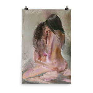 A woman straddles another woman sitting on her lap. Pink grey. Both women are brunette. Ethereal painting by Brandy Mars.