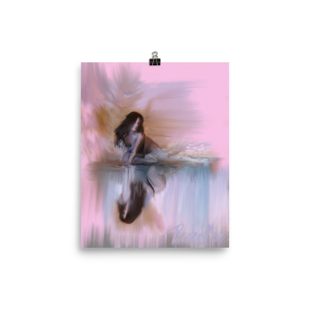 Woman lays on her side and peers into water. She sees her reflection. Pink Blue ethereal painting by Brandy Mars.