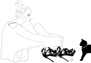 Girl in heels with cat tote bag with original artwork by Brandy Mars