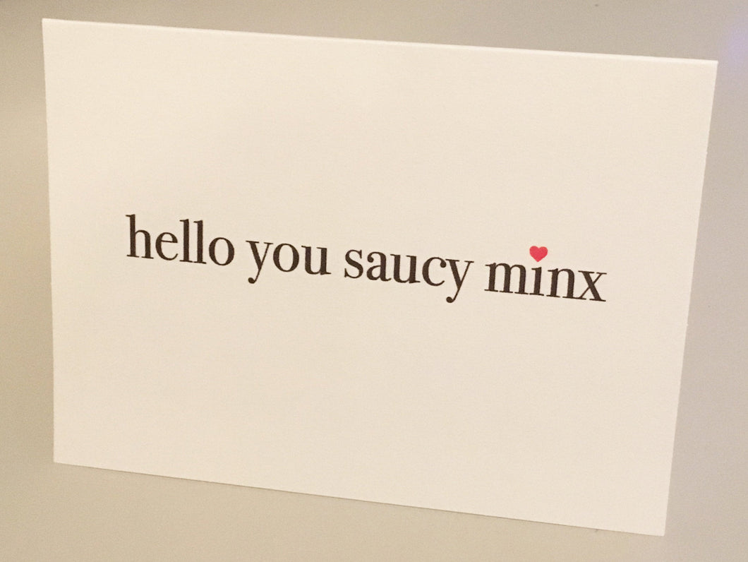 Hello you saucy minx card // Funny Card // Couples Card // Valentine's Day Card // Sassy Love Card // Cute Notecard // Dating Card