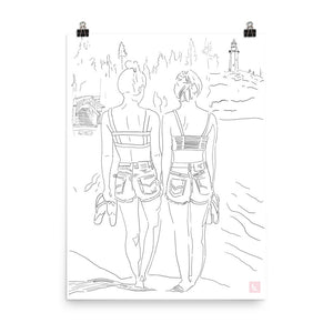 Lighthouse Park Poster/Vancouver Artwork/Friendship/Beach Art/West Coast/Lesbian Couple/Lesbian Wedding/Two Brides/Queer