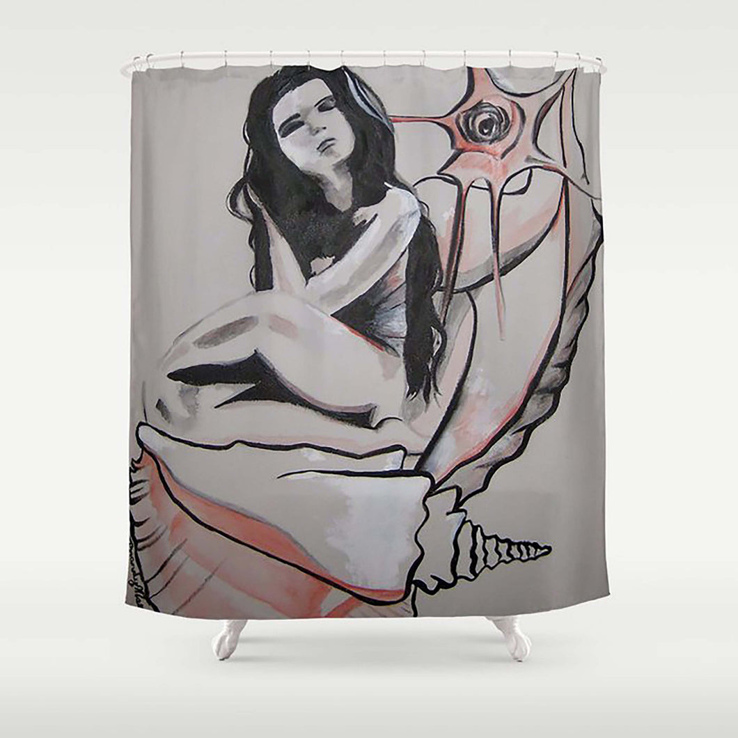 Ocean Shower Curtain/Nude Woman Shell Shower Decor/Figure Drawing/Monochrome Coral Art/Painting/Art Nouveau Naked Woman/Art Gift