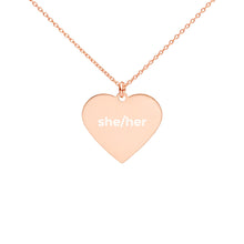 She/Her Engraved Sterling Silver Heart Necklace/Female Pronouns/Transgender Gift/Gender Queer/White Rhodium, 18K Rose Gold, 24K Gold