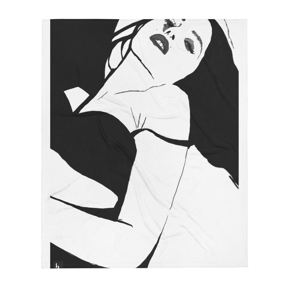 Throw Blanket Art Nouveau Artwork/Unique Poster/Woman Line Drawing/Minimalist Black And White Art/Gorgeous Lady/Monochromtic Art