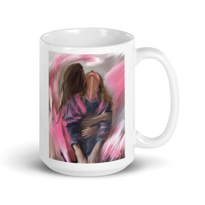 Brunette woman hugs blonde woman from behind. Lesbian queer painting by Brandy Mars. Warm emotive embrace. Blue And Pink Cup. Canadian Artist.